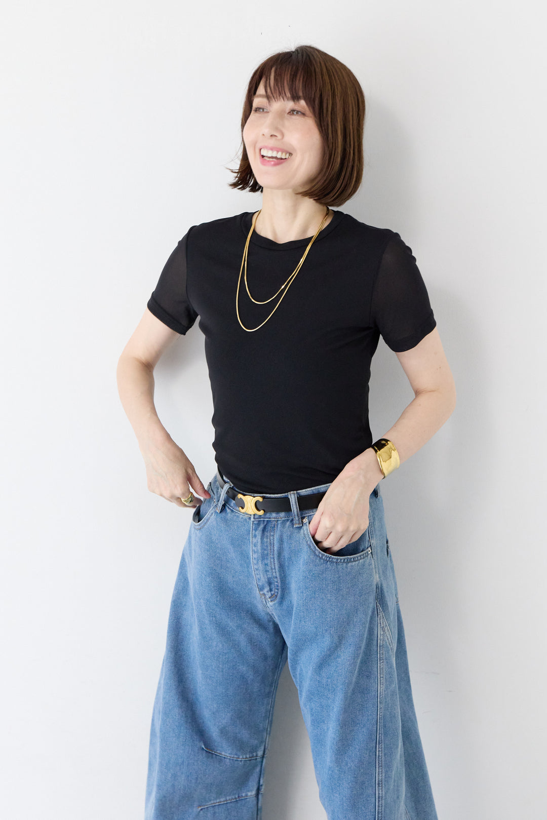 袖メッシュ切替 ブラック タイトシルエットTシャツ