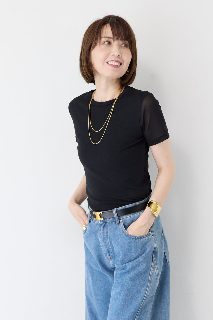 袖メッシュ切替 ブラック タイトシルエットTシャツ