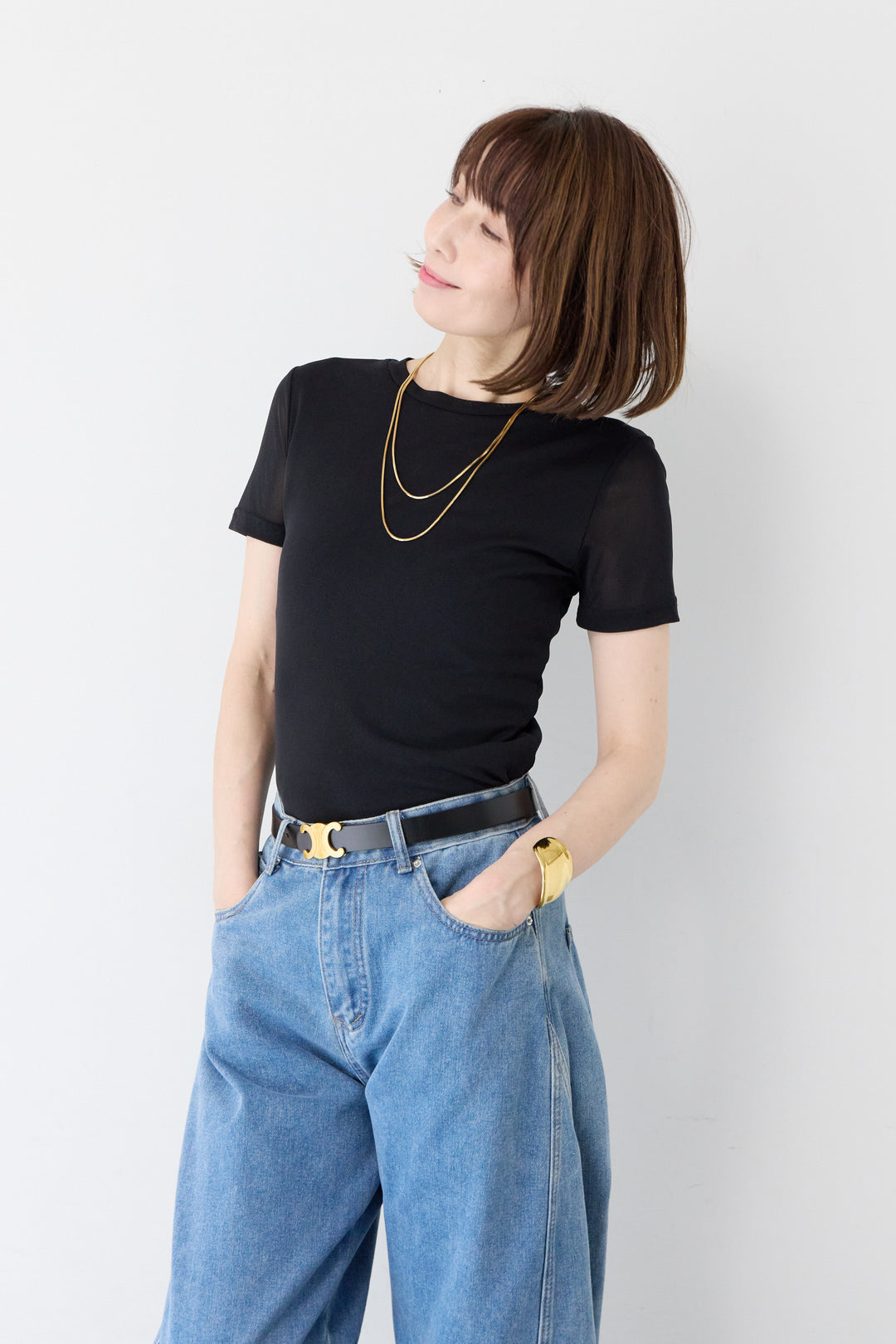 袖メッシュ切替 ブラック タイトシルエットTシャツ