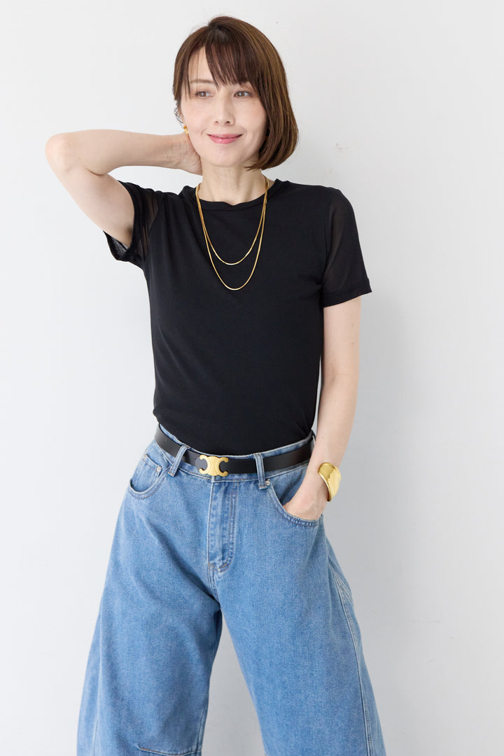 袖メッシュ切替 ブラック タイトシルエットTシャツ