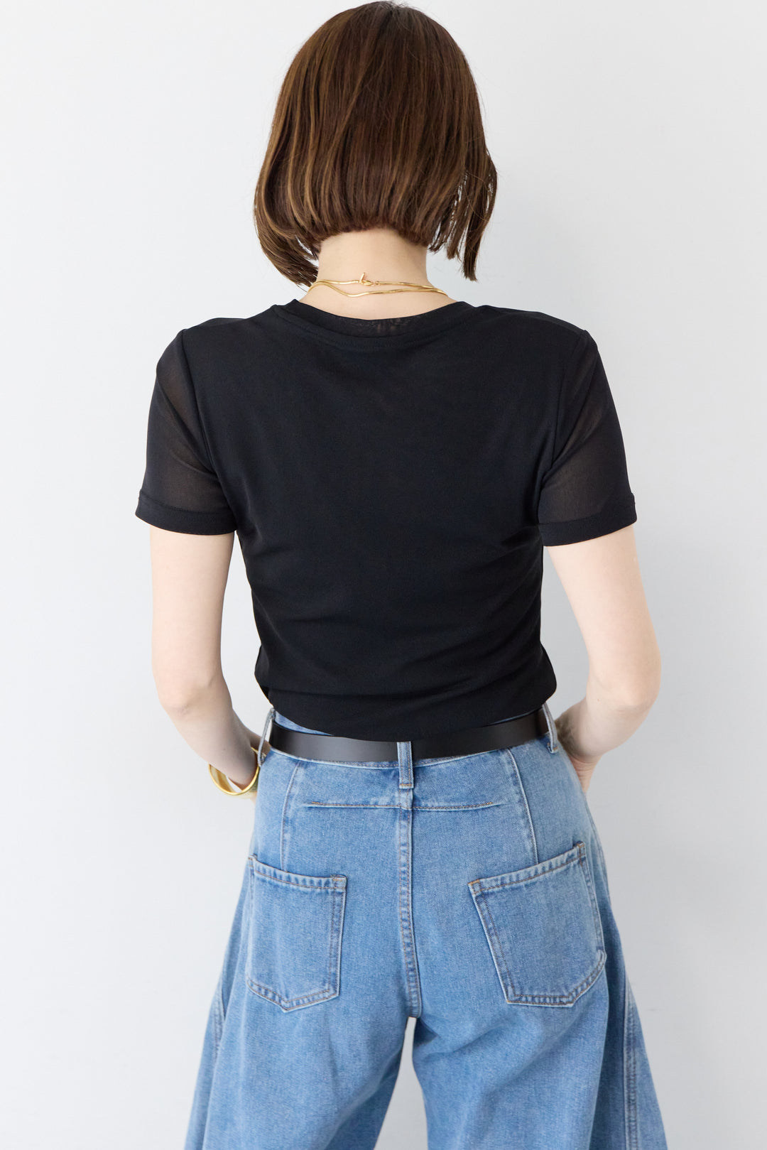 [SET]異素材切替 クルーネック タイトフィット プルオーバー+袖メッシュ切替 ブラック タイトシルエットTシャツ(2set)