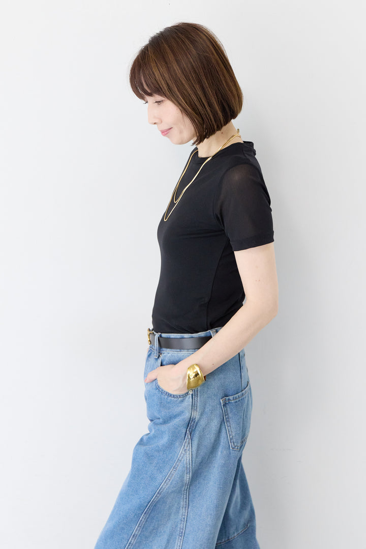 [SET]異素材切替 クルーネック タイトフィット プルオーバー+袖メッシュ切替 ブラック タイトシルエットTシャツ(2set)
