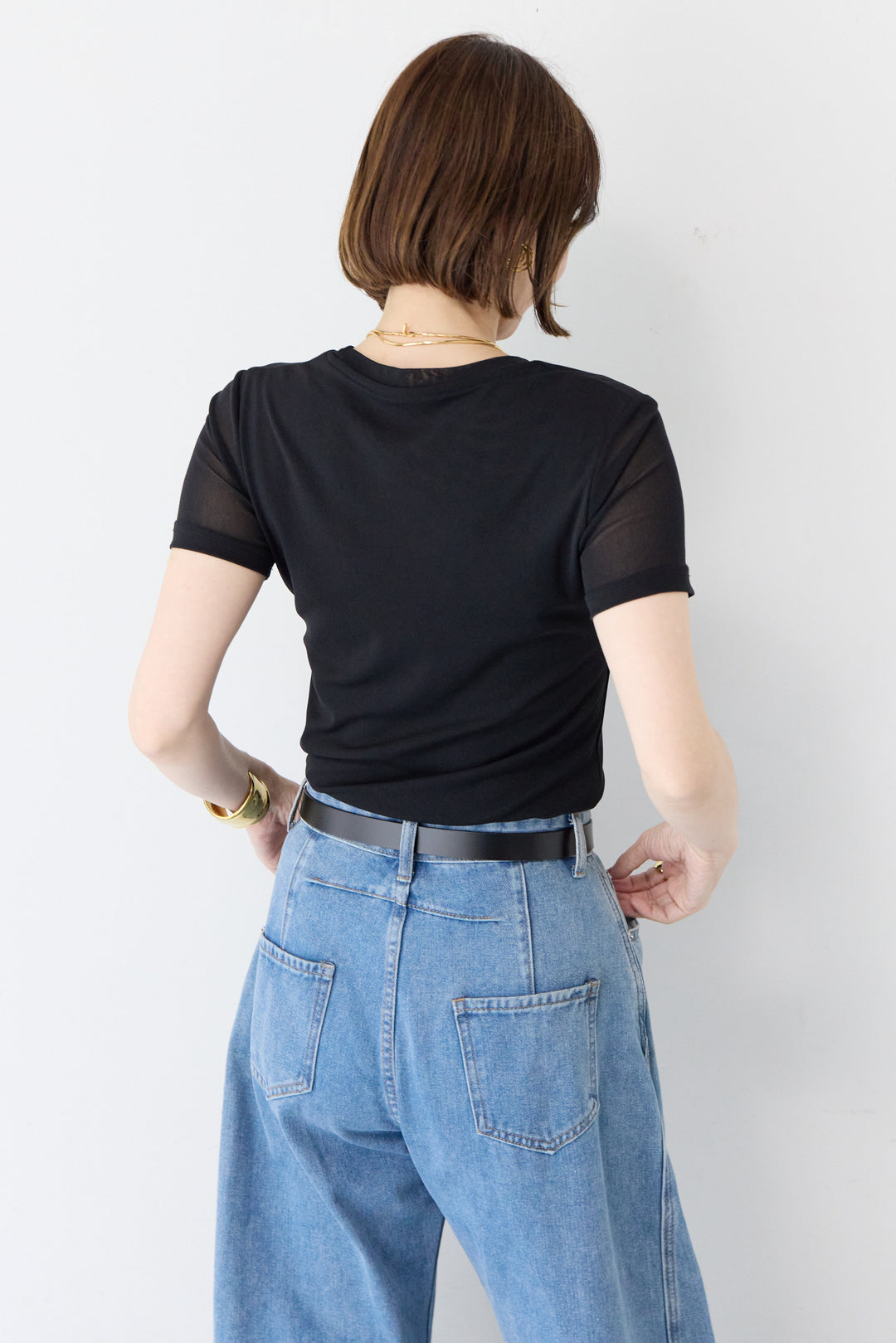 袖メッシュ切替 ブラック タイトシルエットTシャツ
