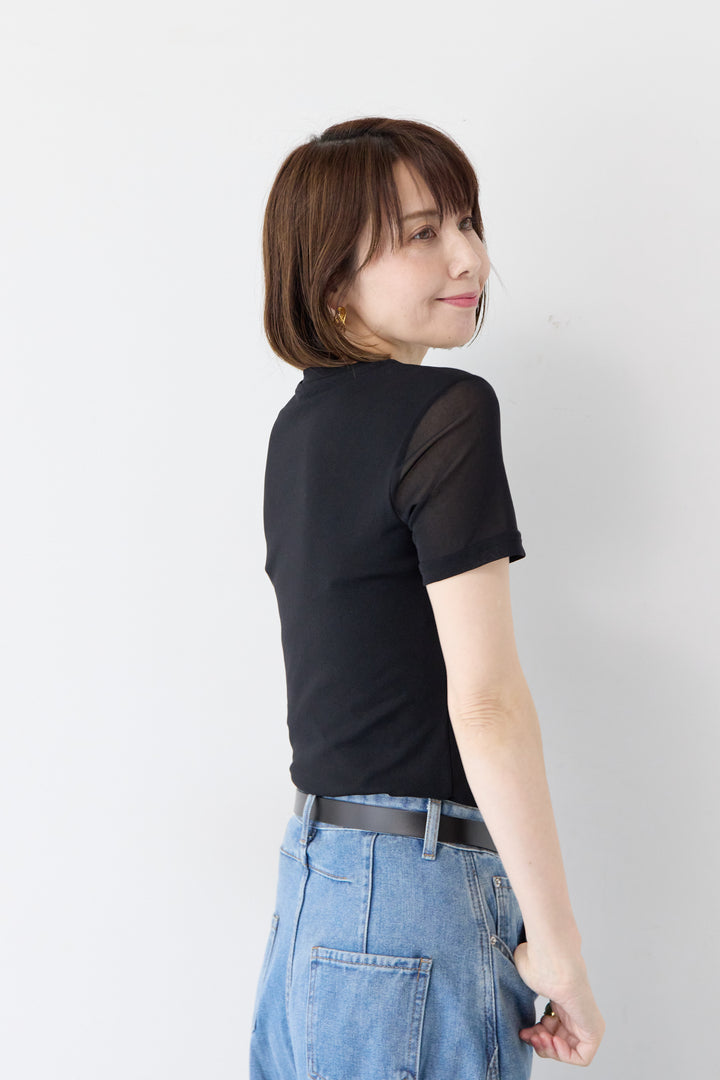 袖メッシュ切替 ブラック タイトシルエットTシャツ