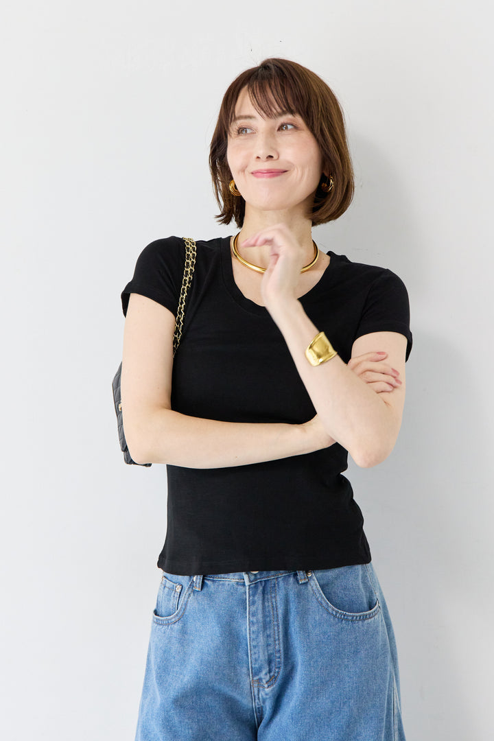 [SET]無地 Uネック 半袖 コンパクト カットソー ブラック+袖メッシュ切替 ブラック タイトシルエットTシャツ(2set)