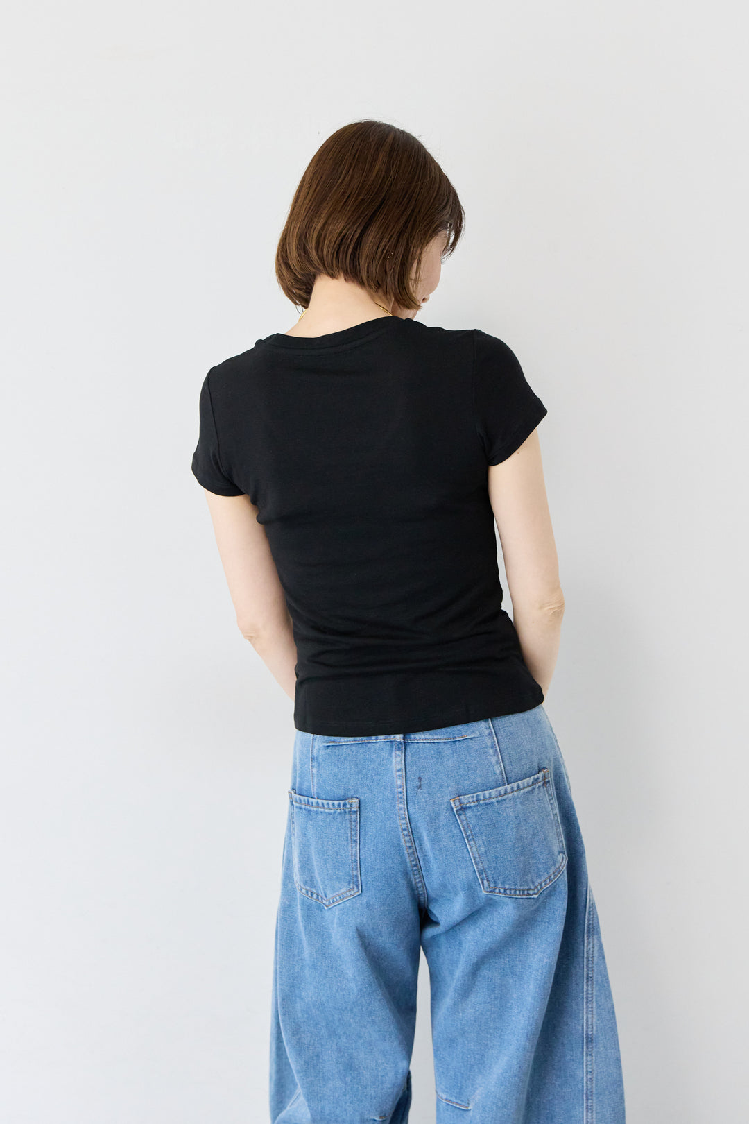 [SET]無地 Uネック 半袖 コンパクト カットソー ブラック+袖メッシュ切替 ブラック タイトシルエットTシャツ(2set)