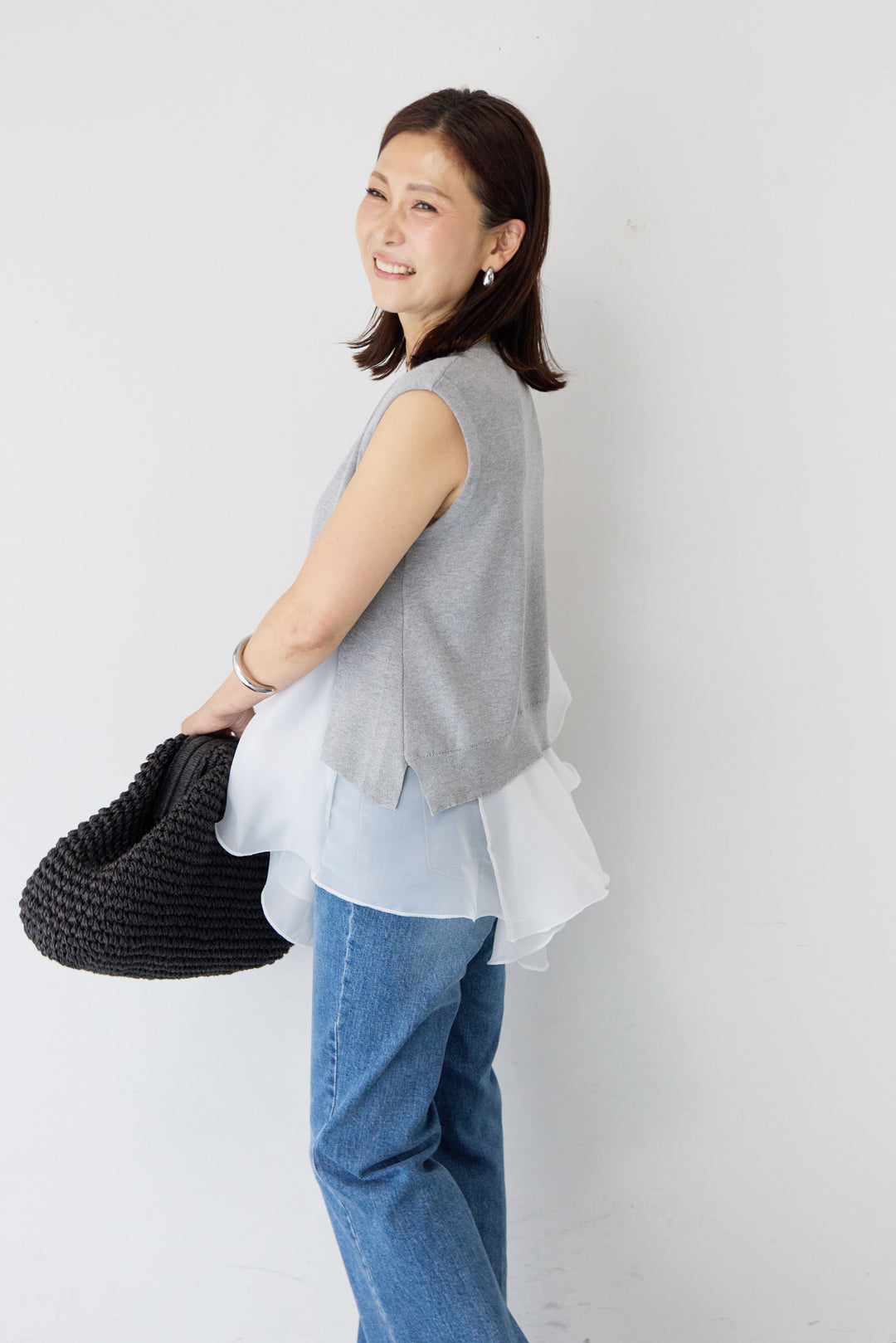 異素材コンビ アシンメトリー キャミ付きフリル