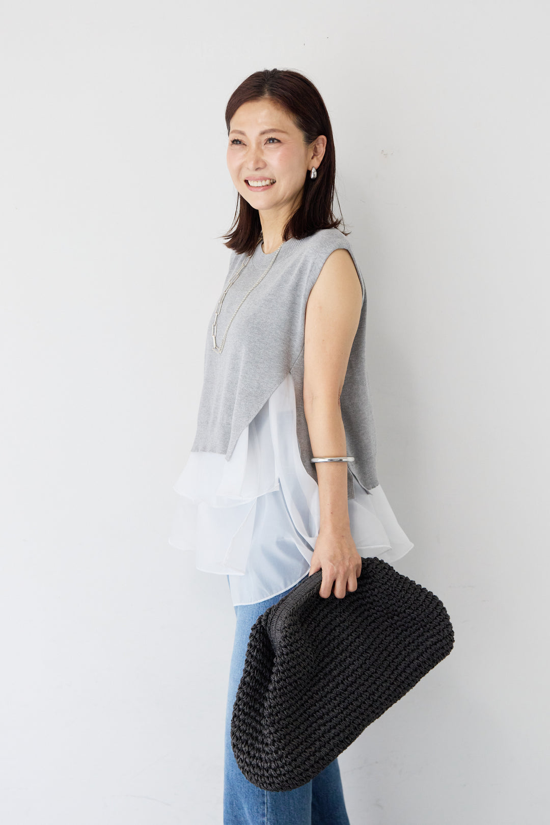 異素材コンビ アシンメトリー キャミ付きフリル