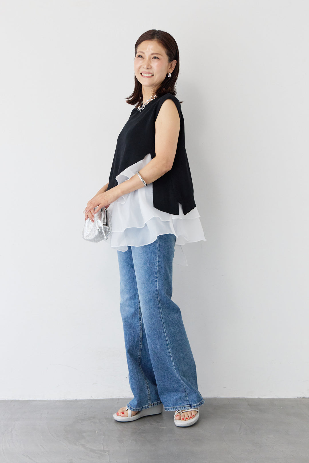 異素材コンビ アシンメトリー キャミ付きフリル