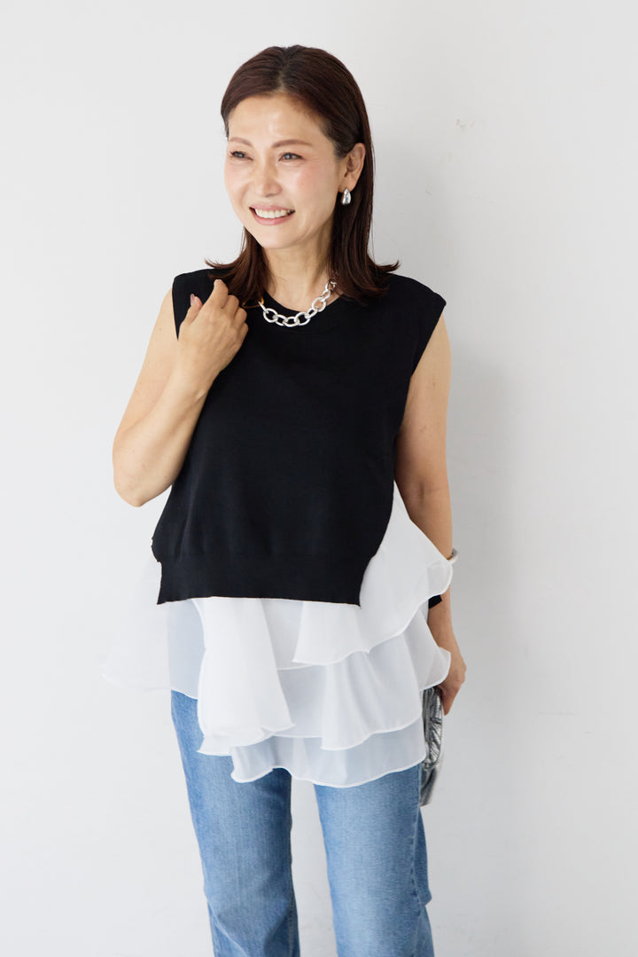 異素材コンビ アシンメトリー キャミ付きフリル