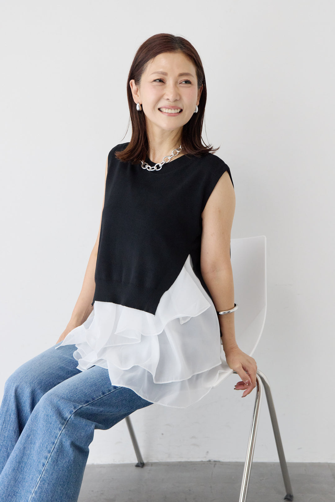 異素材コンビ アシンメトリー キャミ付きフリル