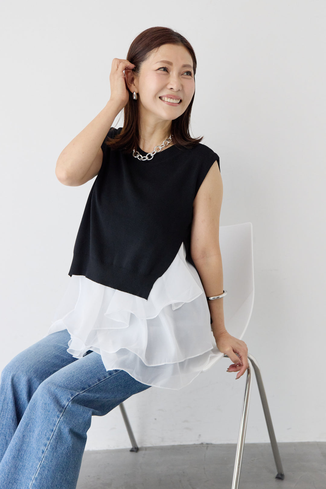 異素材コンビ アシンメトリー キャミ付きフリル