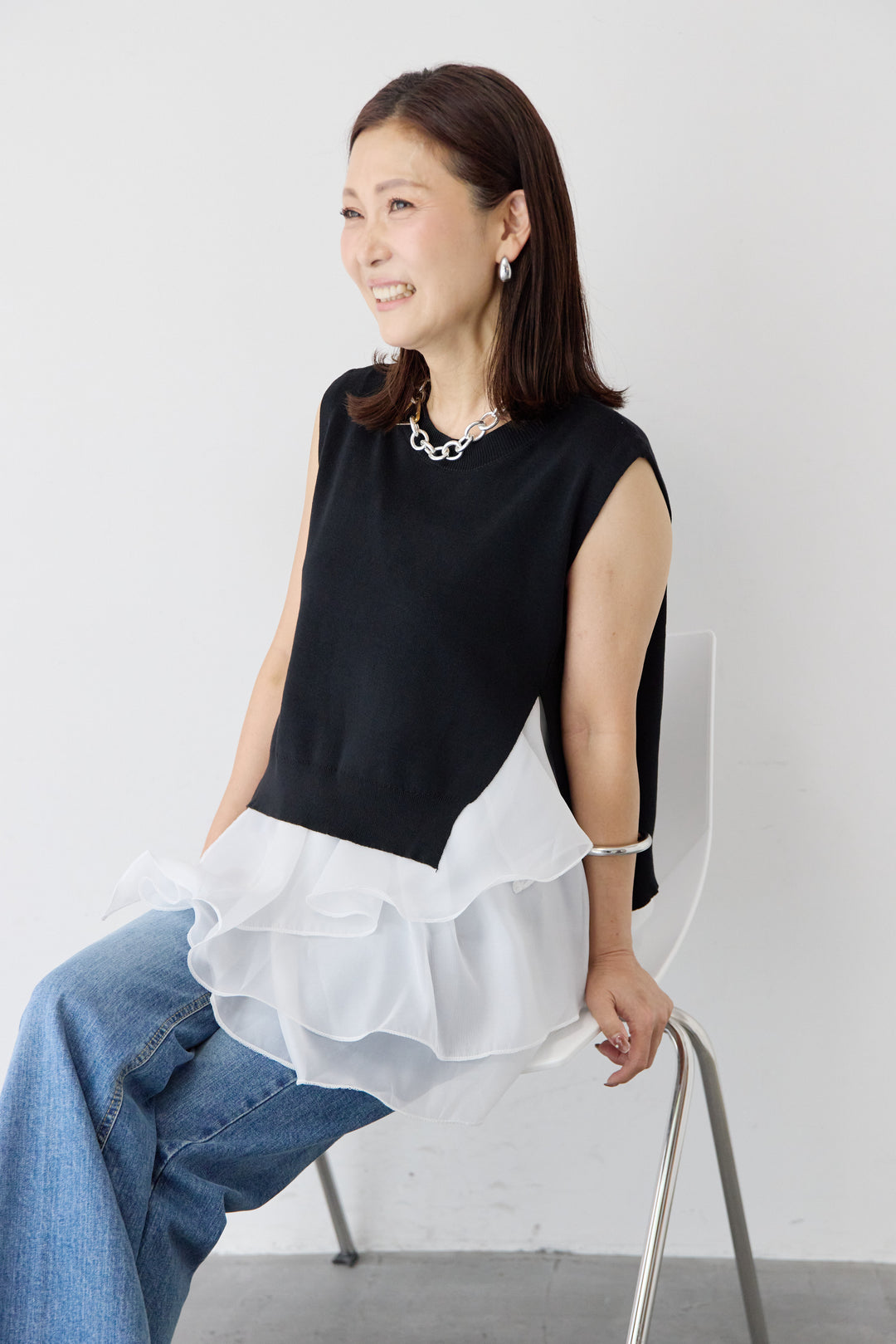 異素材コンビ アシンメトリー キャミ付きフリル
