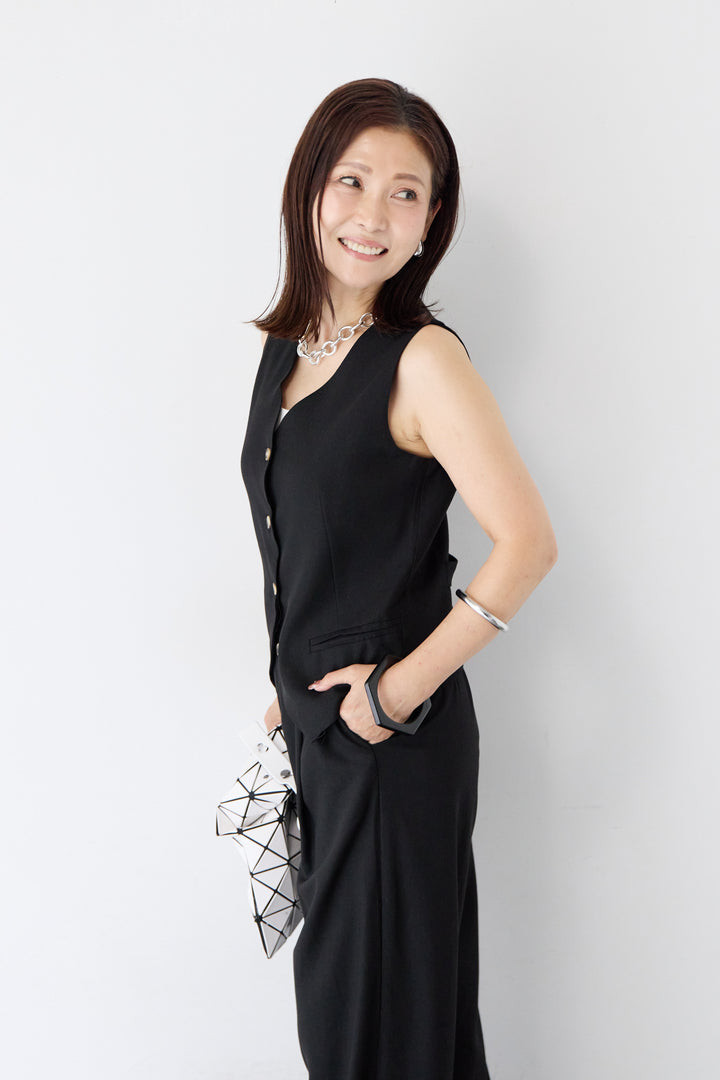 【セットアップ】Vネック ノースリーブジレ タックワイドパンツセット