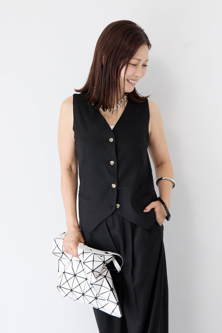 【セットアップ】Vネック ノースリーブジレ タックワイドパンツセット