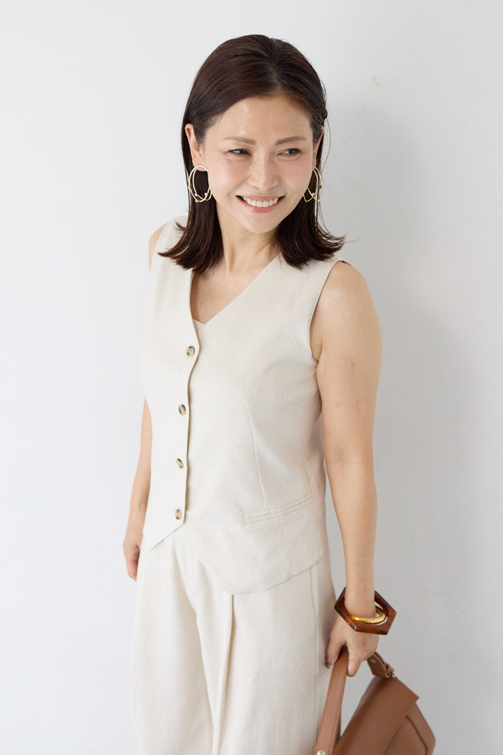 【セットアップ】Vネック ノースリーブジレ タックワイドパンツセット