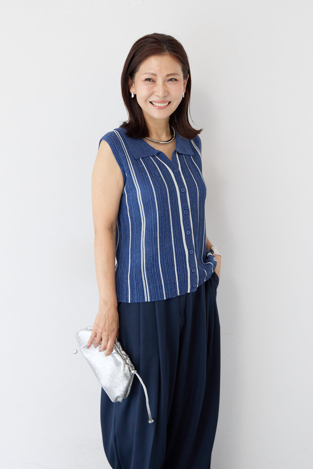 麻素材 ストライプ リブニット 襟付カーディガン