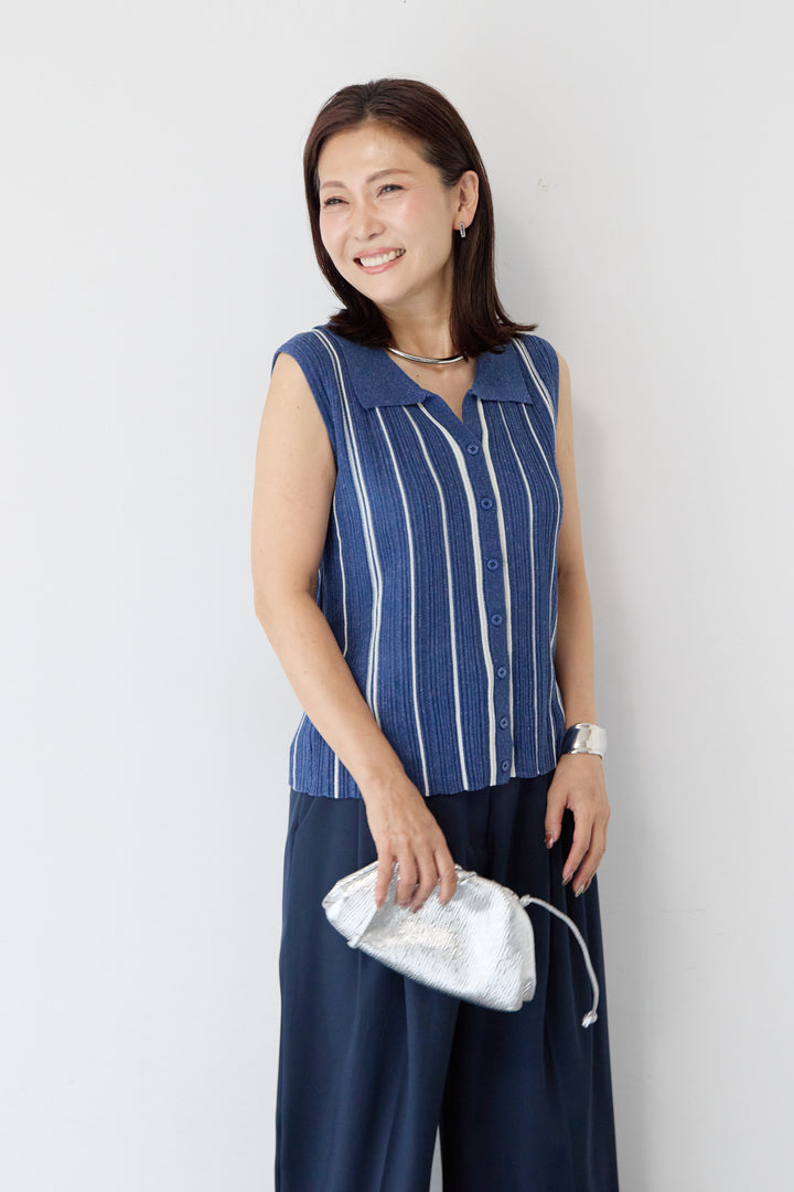 麻素材 ストライプ リブニット 襟付カーディガン