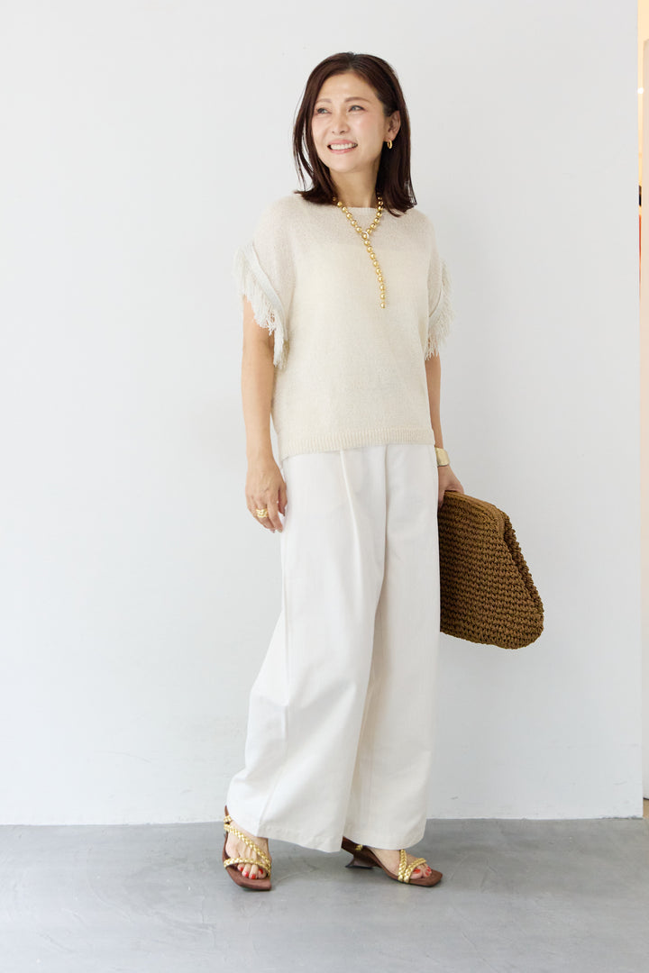 ラメ混 フリンジスリーブ シアーニット