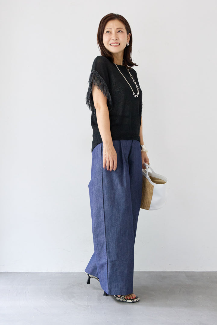 ラメ混 フリンジスリーブ シアーニット