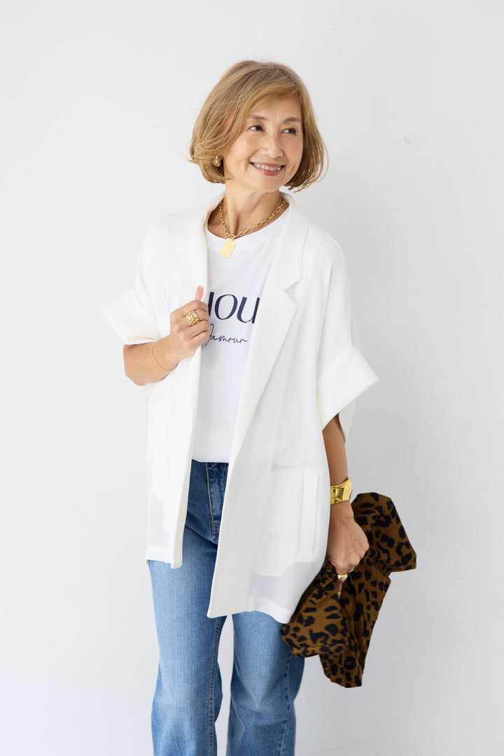 [SET]ハーフスリーブメッシュジャケット+BONJOURロゴプリントTシャツ(2set)