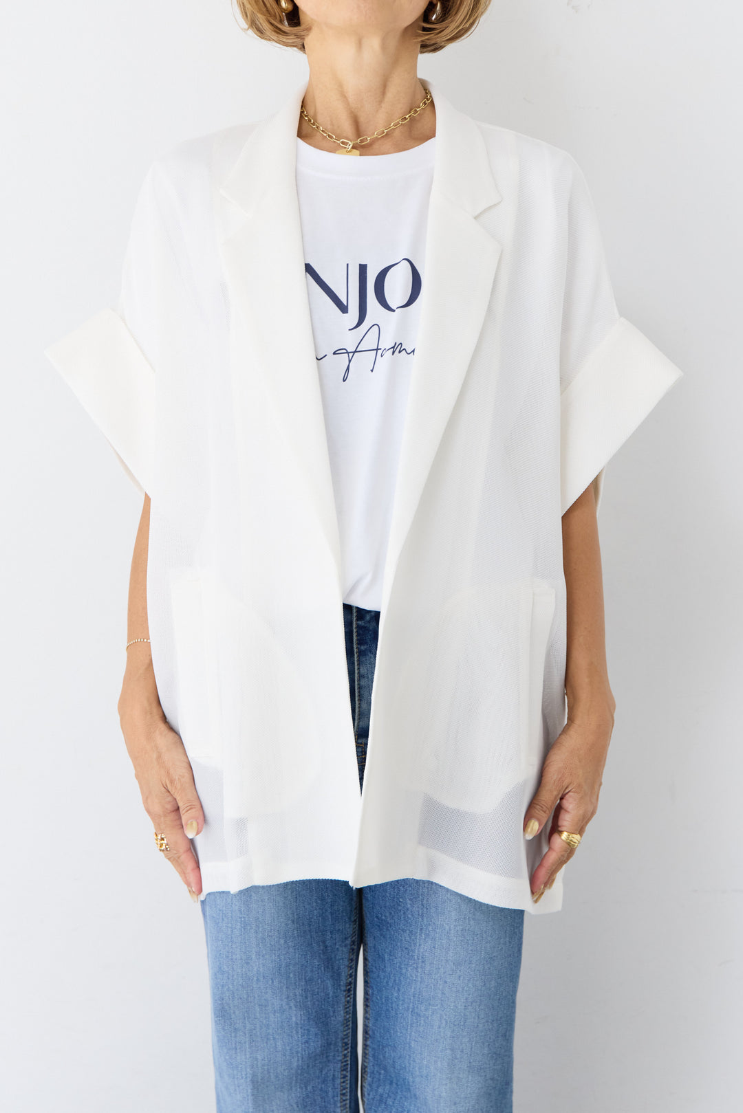 [SET]ハーフスリーブメッシュジャケット+BONJOURロゴプリントTシャツ(2set)