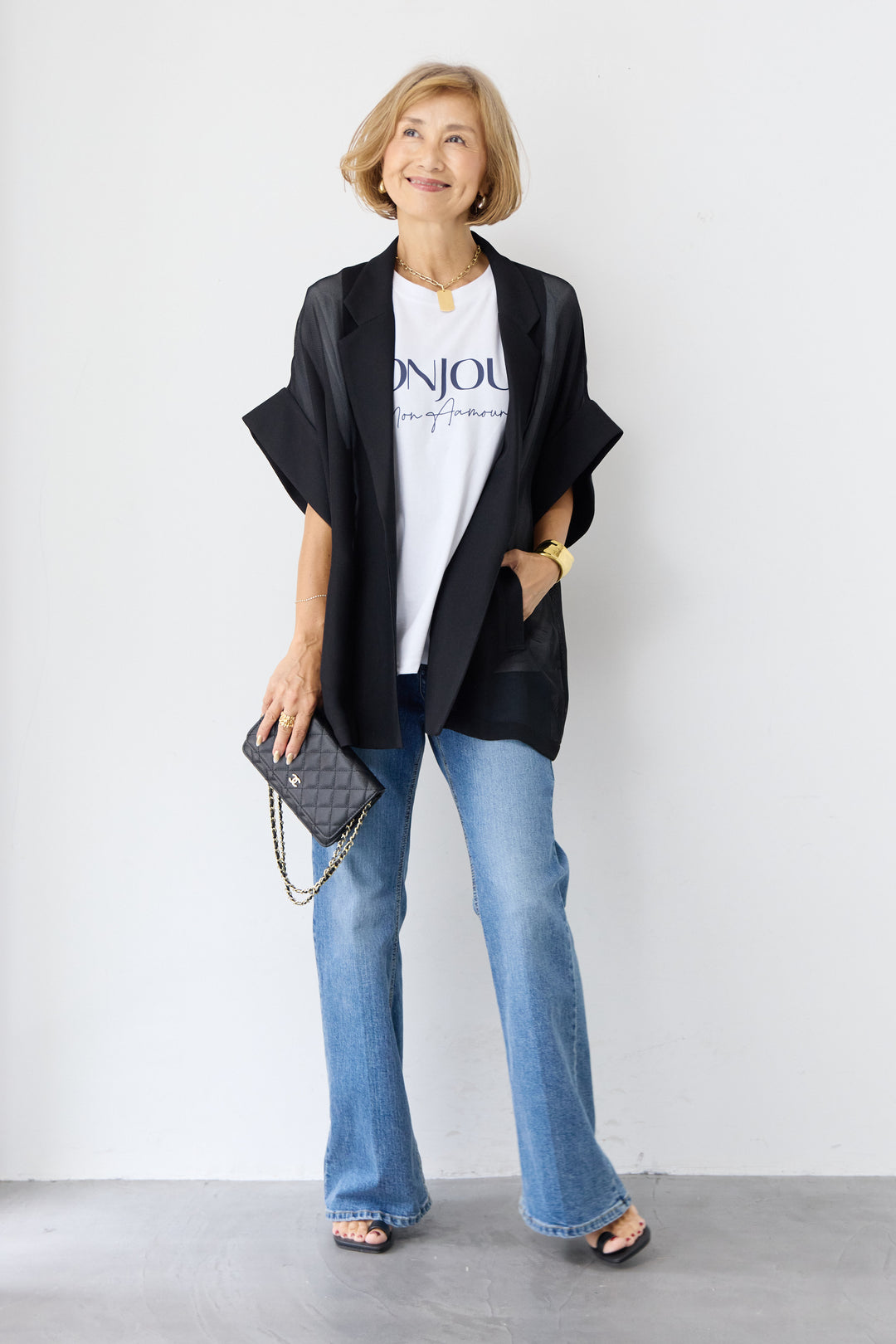 [SET]ハーフスリーブメッシュジャケット+BONJOURロゴプリントTシャツ(2set)
