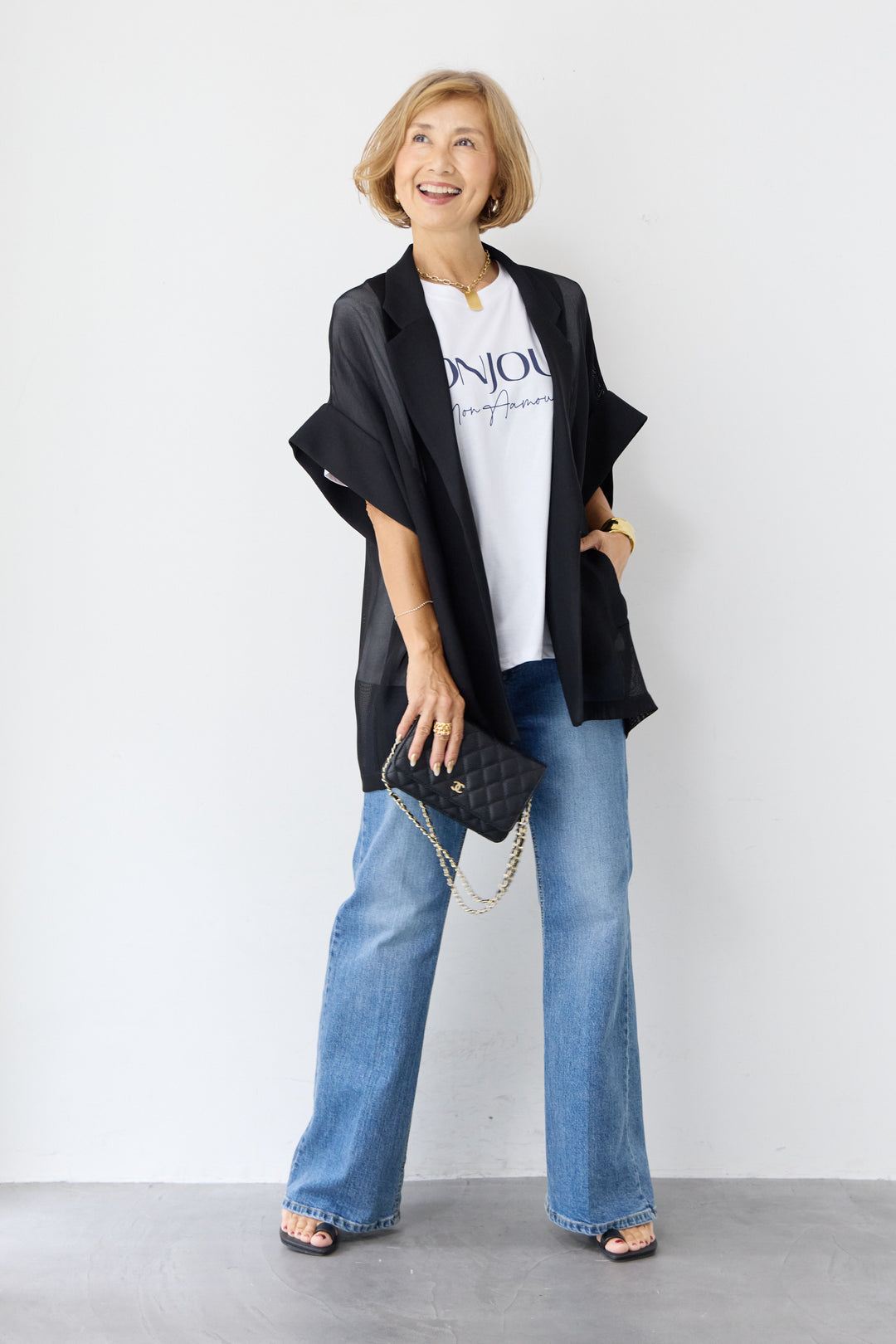 [SET]ハーフスリーブメッシュジャケット+BONJOURロゴプリントTシャツ(2set)