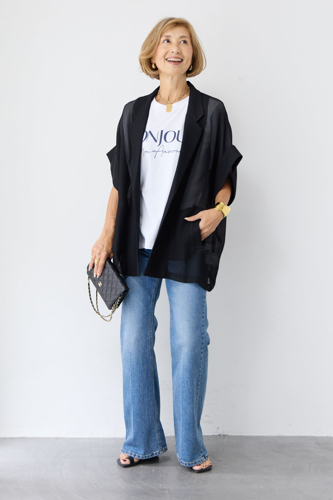 [SET]ハーフスリーブメッシュジャケット+BONJOURロゴプリントTシャツ(2set)