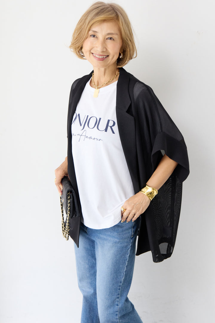 [SET]ハーフスリーブメッシュジャケット+BONJOURロゴプリントTシャツ(2set)