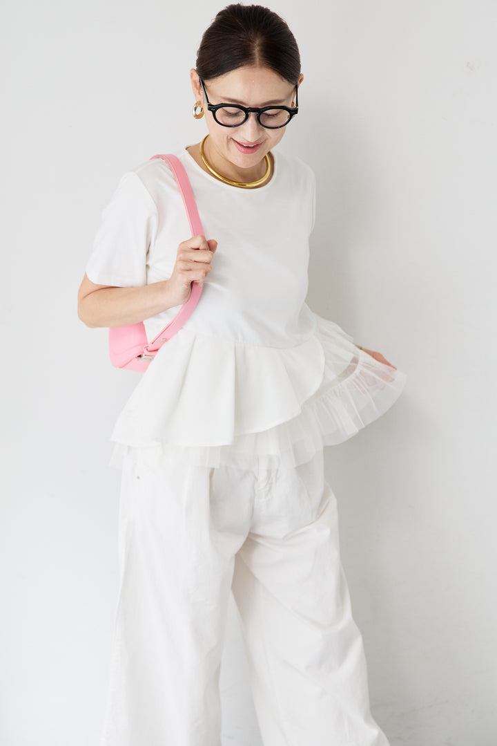 [SET]ジャージーサテンアシメ切替プルオーバー+コットンタックワイドパンツ(2set)
