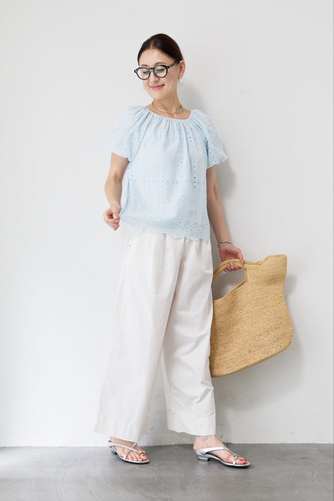 [SET]カットレースブラウス+コットンタックワイドパンツ(2set)