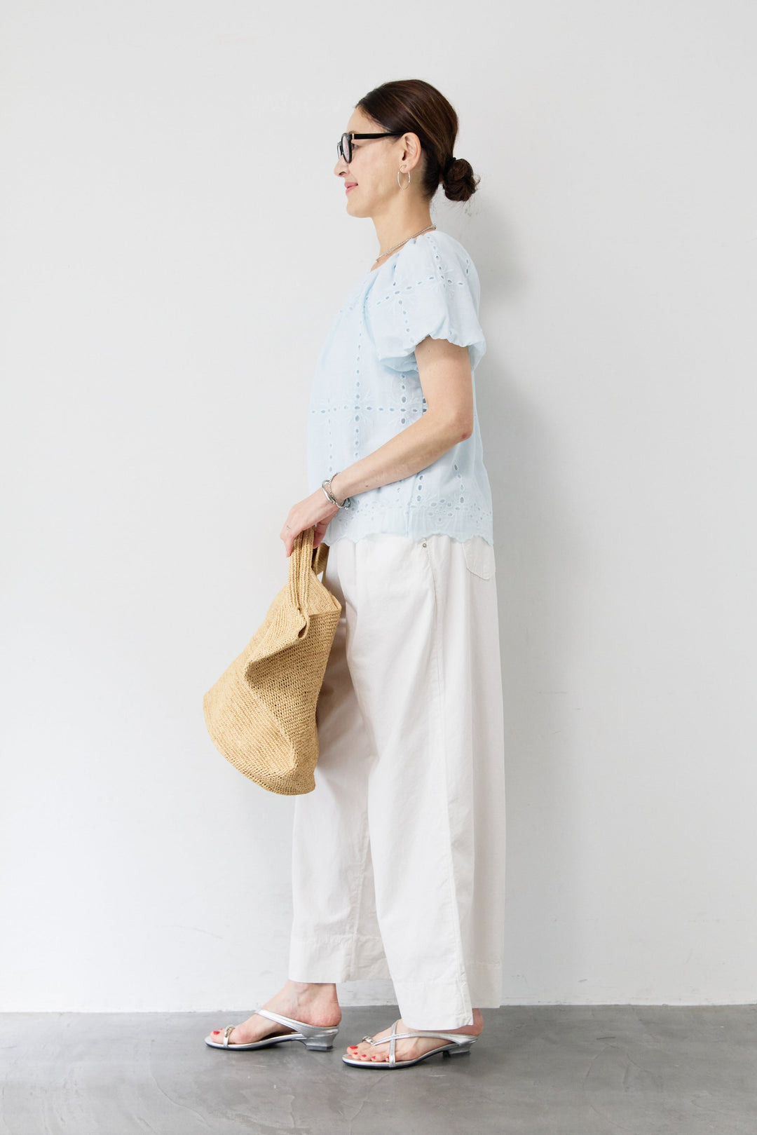 [SET]カットレースブラウス+コットンタックワイドパンツ(2set)