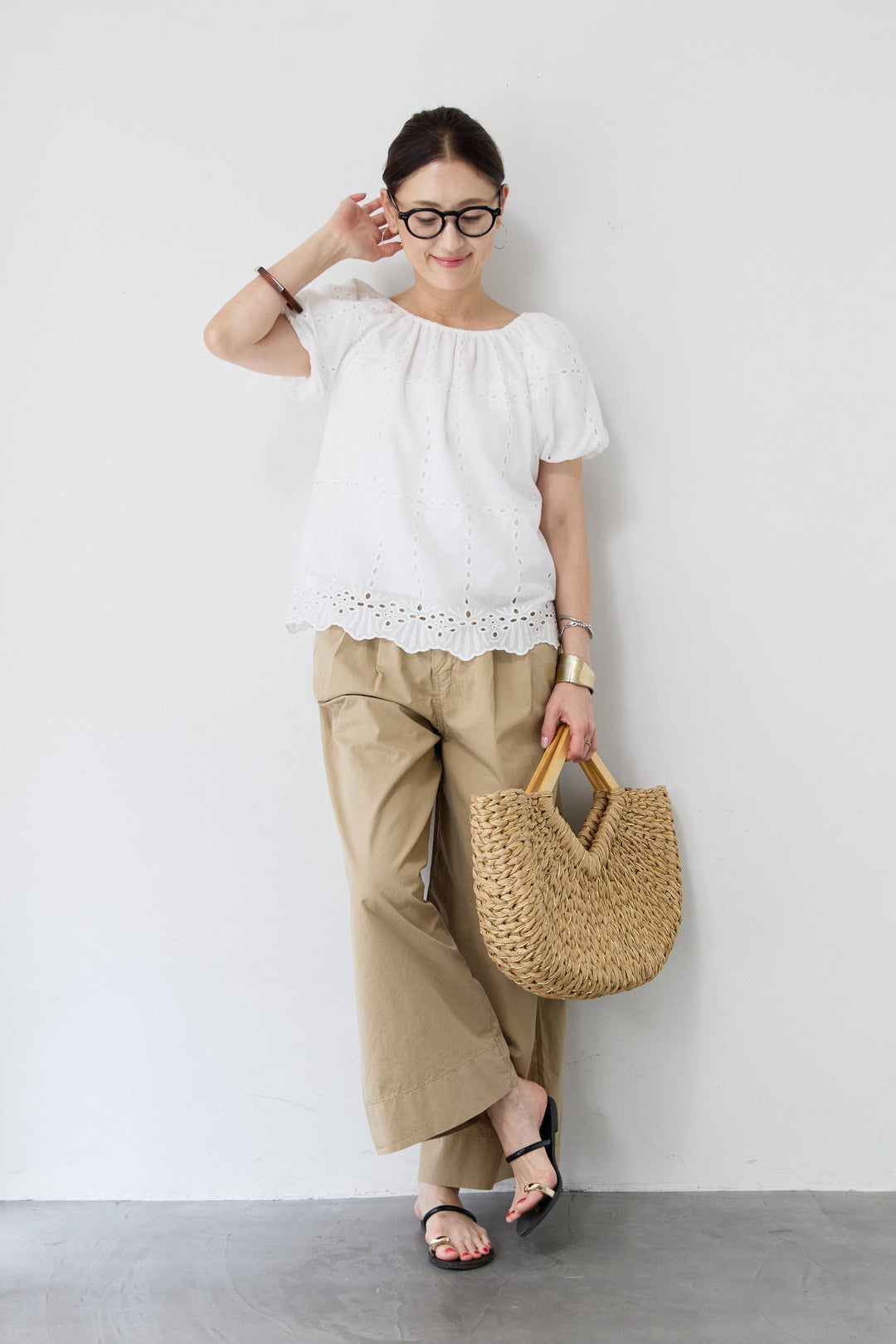 [SET]カットレースブラウス+コットンタックワイドパンツ(2set)