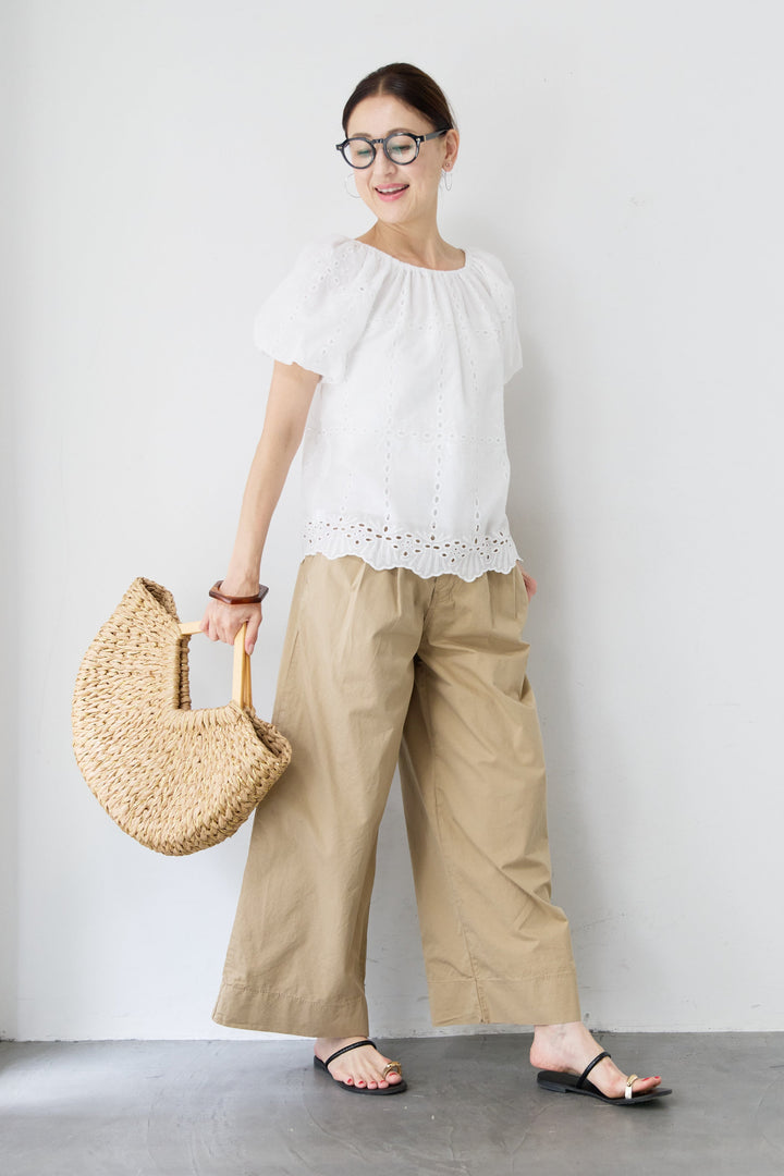 [SET]カットレースブラウス+コットンタックワイドパンツ(2set)