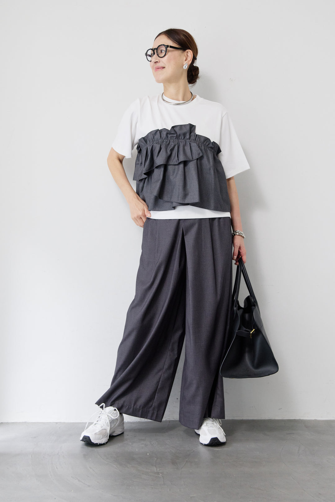 [SET]コットンスムースビスチェＴ+ツイルタックワイドパンツ(2set)