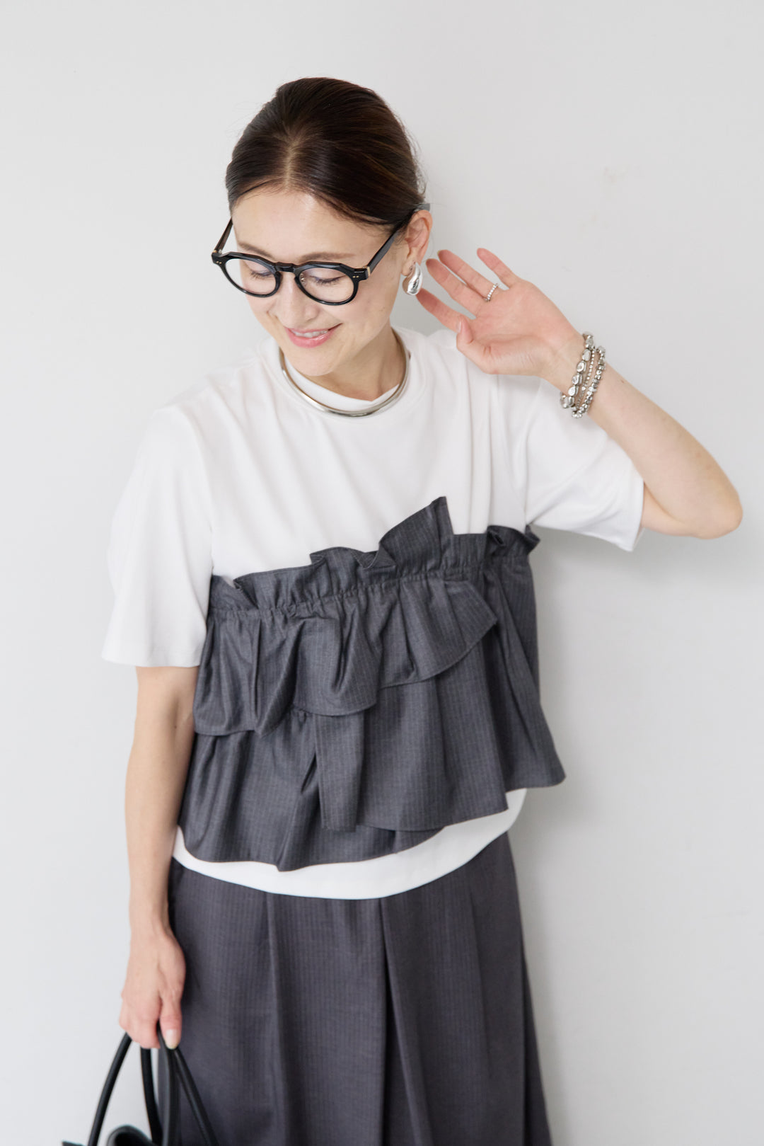 [SET]コットンスムースビスチェＴ+ツイルタックワイドパンツ(2set)