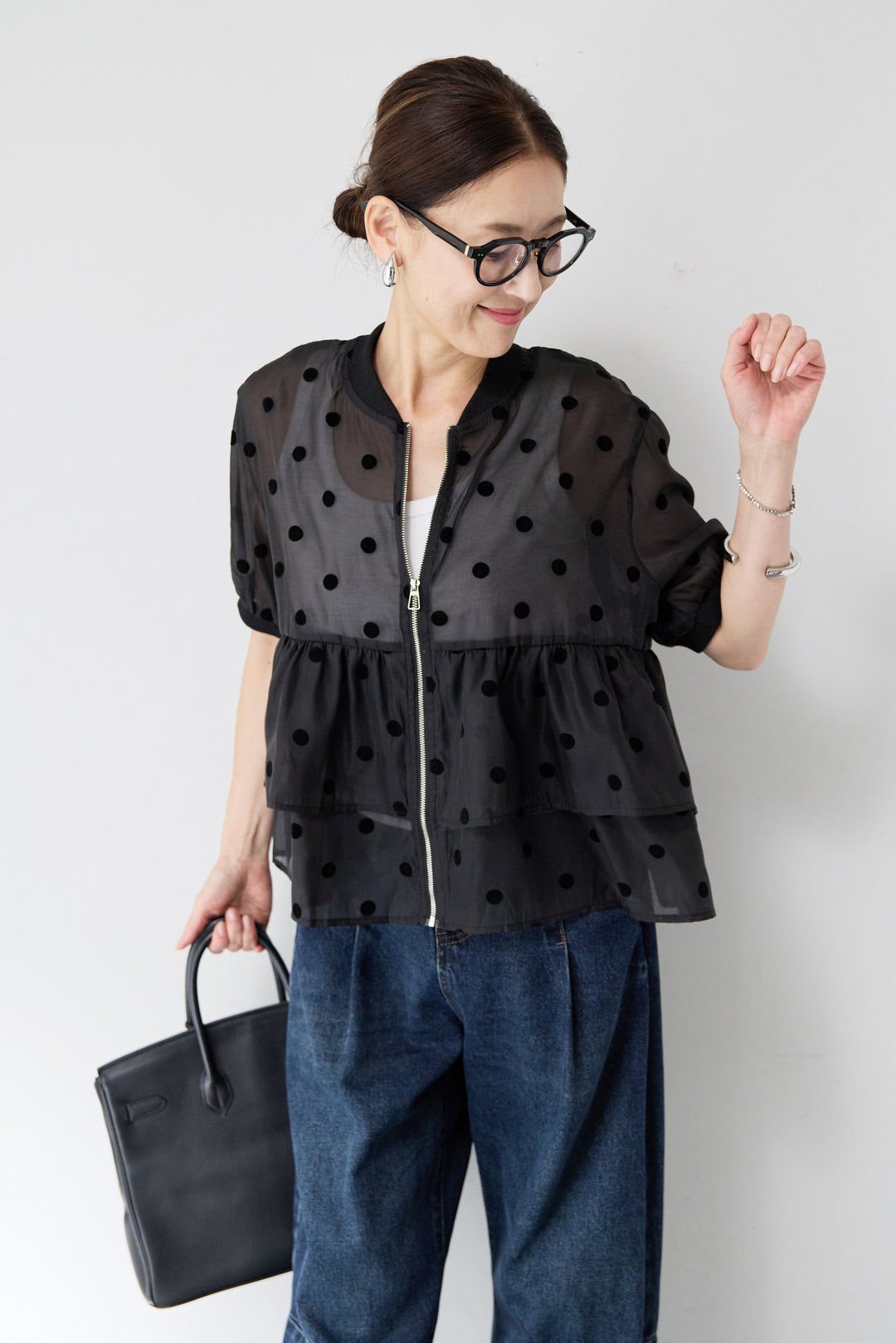 ティアードドット柄シアーブルゾン