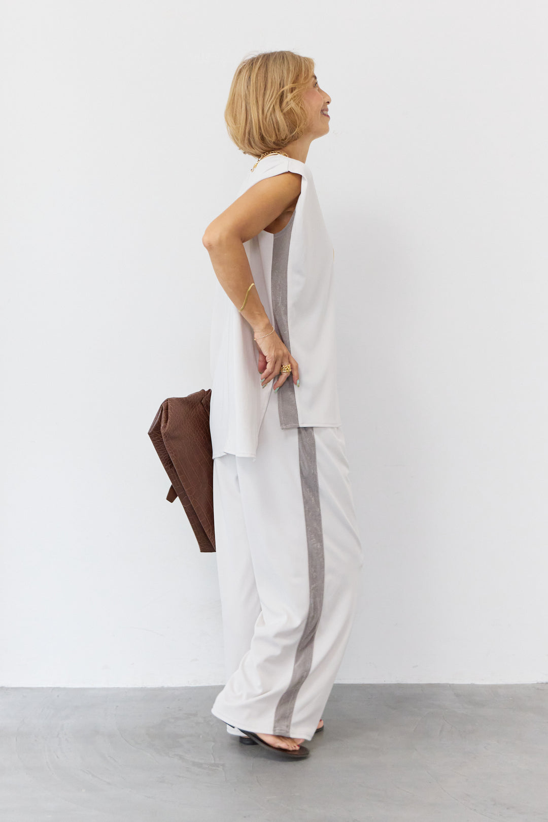 【接触冷感・UVカット】スムースサイド切替ギャザーパンツ