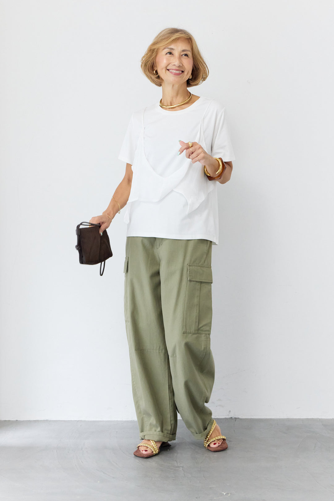 [SET]シアーレイヤードキャミTシャツ+テンセルカーゴパンツ(2set)