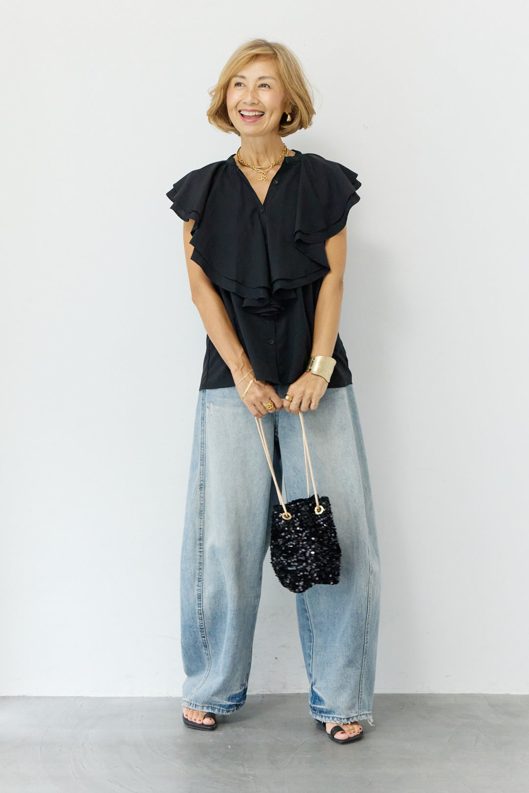 [SET]ダブルフリルノースリーブブラウス+ダメージコクーンパンツ(2set)