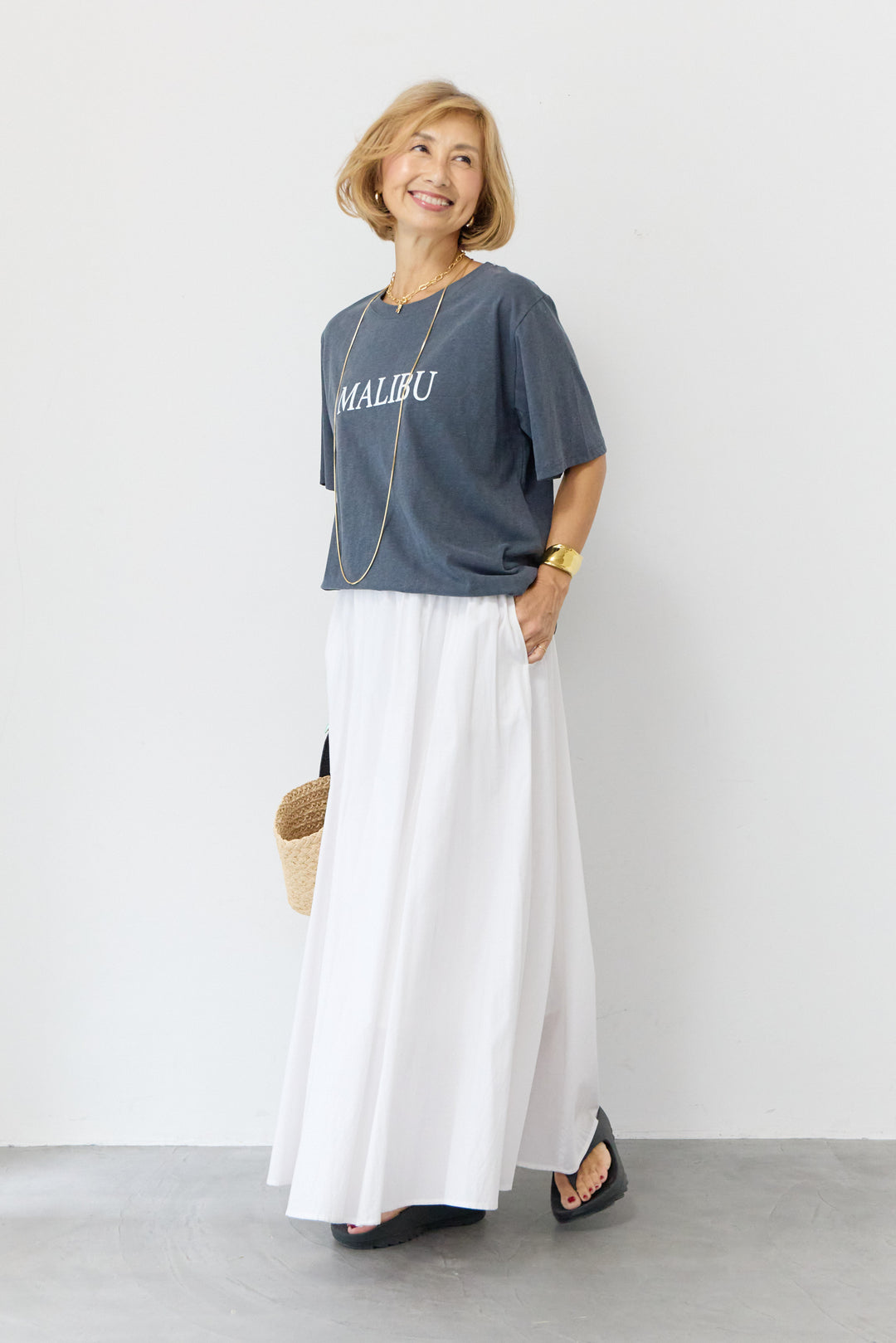 [SET]MALIBUヴィンテージTシャツ+コットンボイルフレアロングスカート(2set)