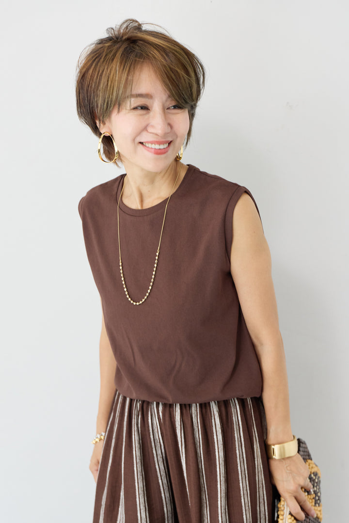 [SET]【UVカット・接触冷感・吸水速乾・遮熱】USAコットンノースリーブブルオーバー+リネンタッチストライプワイドパンツ(2set)