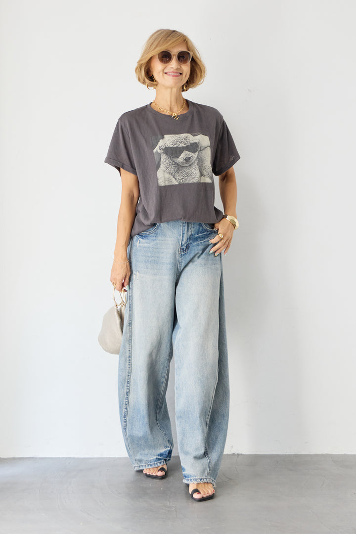 [SET]DOGプリント ヴィンテージライク Tシャツ+ダメージコクーンパンツ(2set)