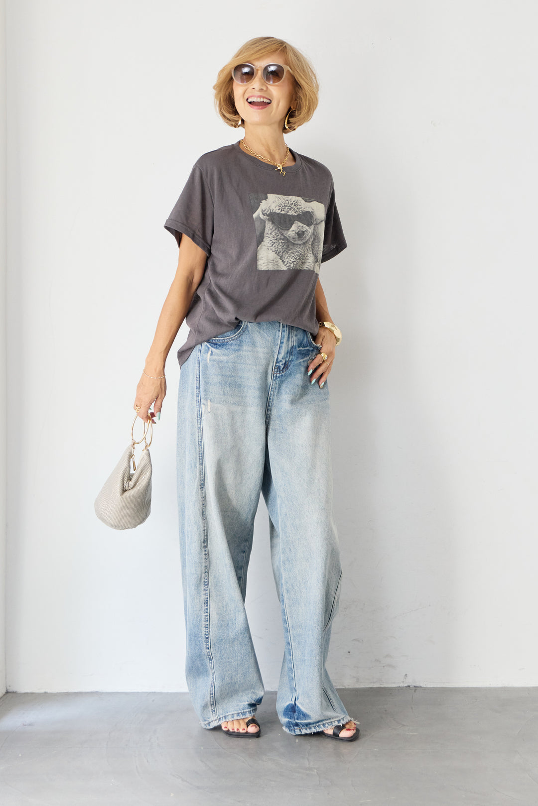 [SET]DOGプリント ヴィンテージライク Tシャツ+ダメージコクーンパンツ(2set)