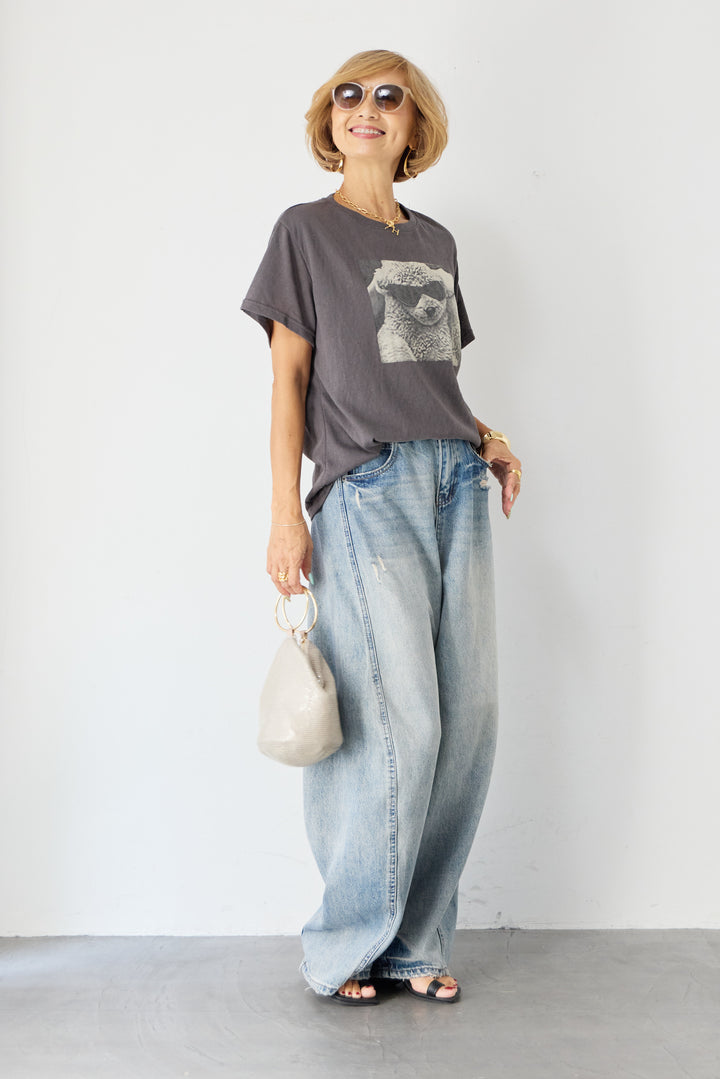 [SET]DOGプリント ヴィンテージライク Tシャツ+ダメージコクーンパンツ(2set)