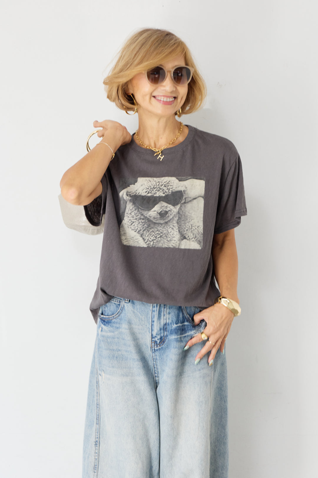 [SET]DOGプリント ヴィンテージライク Tシャツ+ダメージコクーンパンツ(2set)