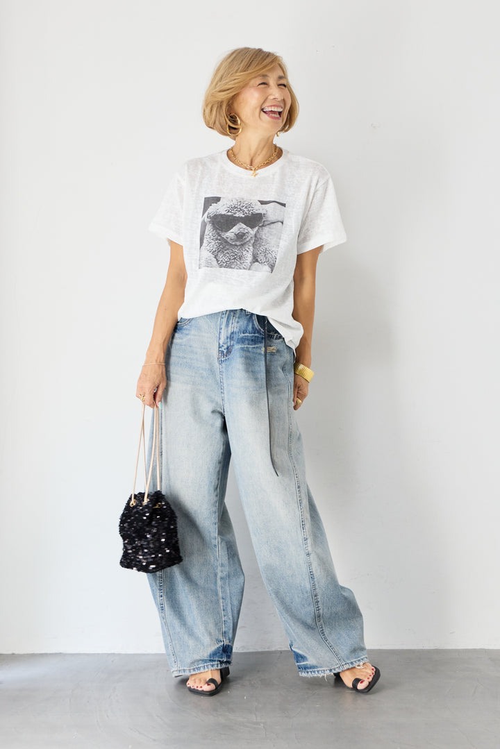 [SET]DOGプリント ヴィンテージライク Tシャツ+ダメージコクーンパンツ(2set)