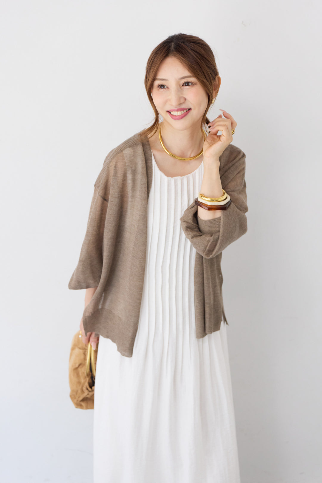 [SET]ピンタックナチュラルワンピース+強撚ミックスラメスリットトッパー(2set)