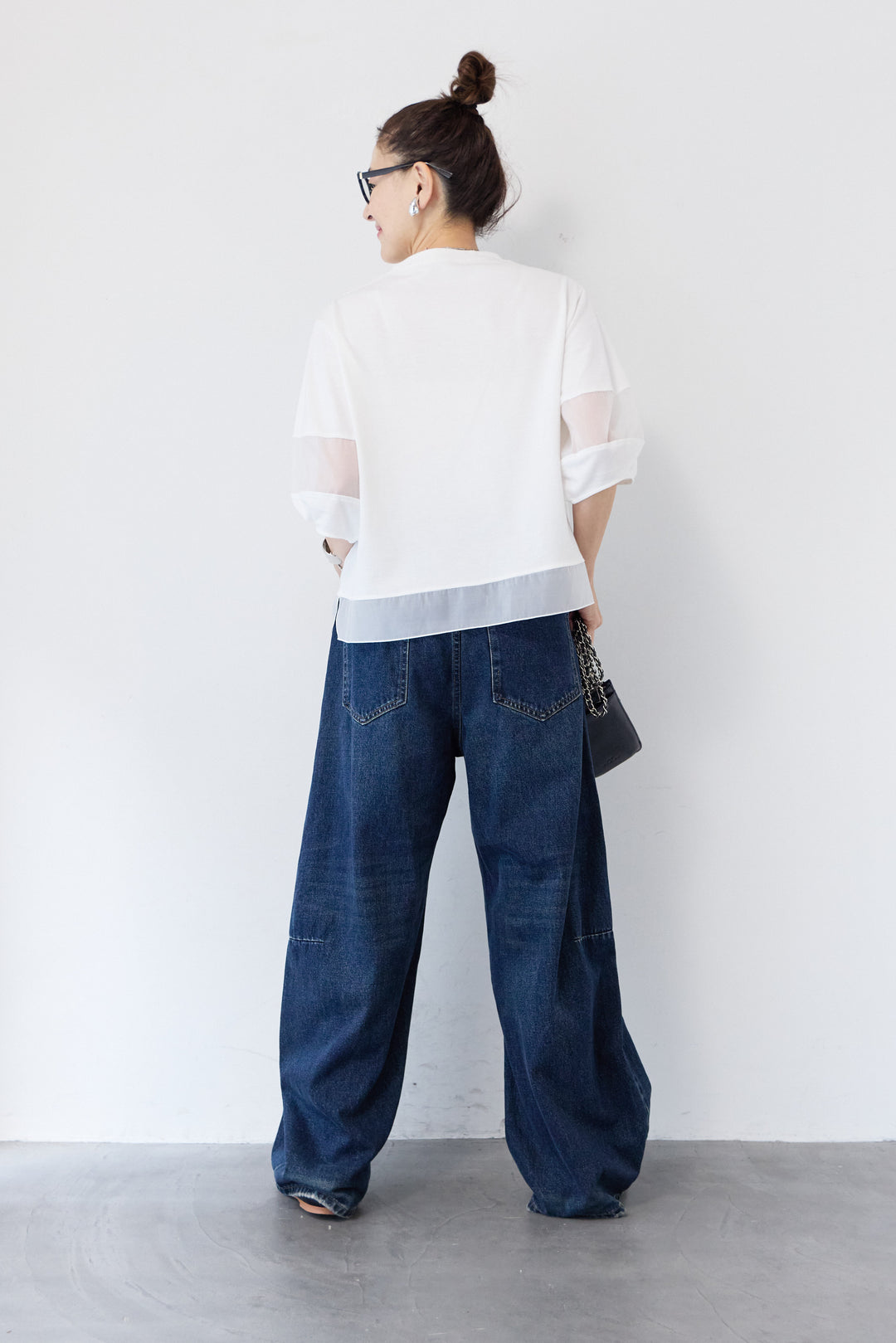 [SET]オーガンジー切替パフスリーブ+カーブデニムパンツ(2set)